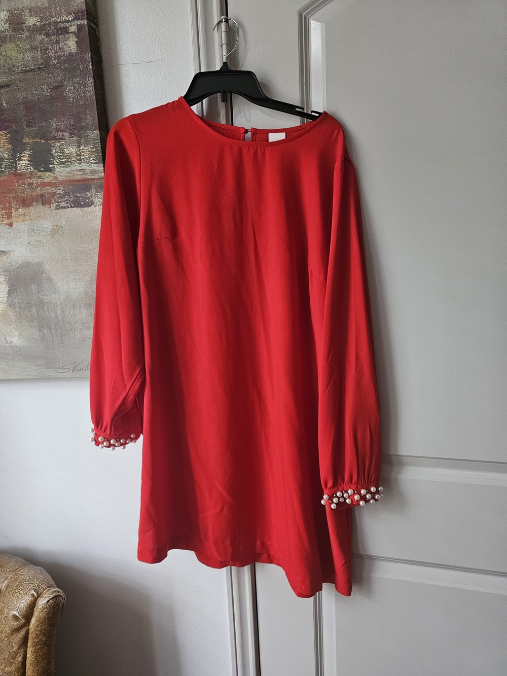 Red Pearl-Cuff Shift Dress